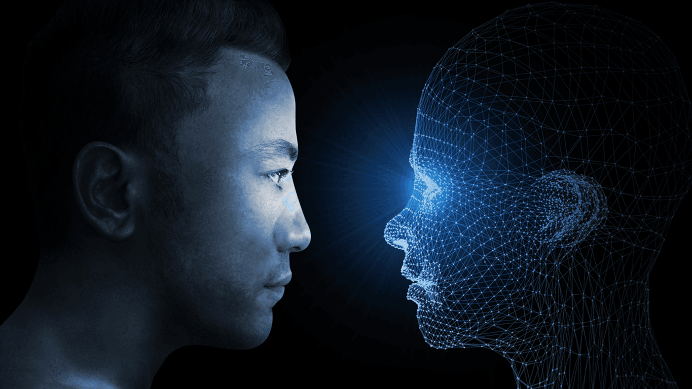 A human face opposite a digital wireframe face, representing human and AI collaboration in software engineering.