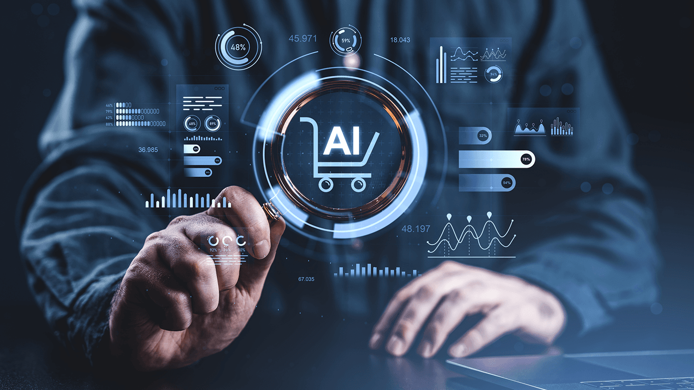 A person holding a magnifying glass over a glowing AI shopping cart icon, representing AI-driven retail and agentic commerce.