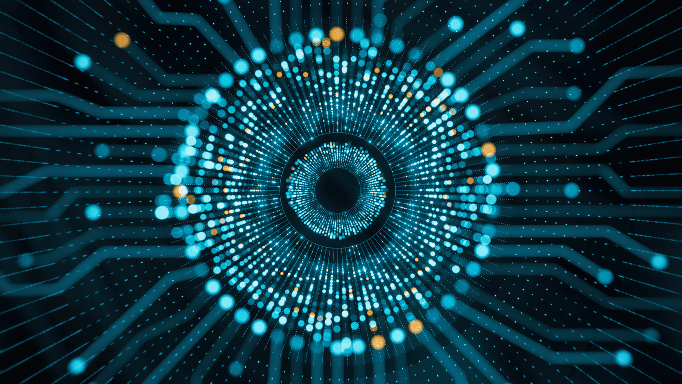 A futuristic digital eye on a circuit board, symbolising artificial intelligence.