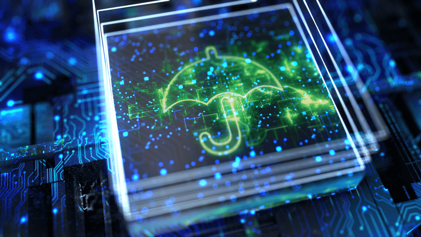 Digital umbrella icon on a glowing circuit board, symbolising AI disruption in the insurance industry.