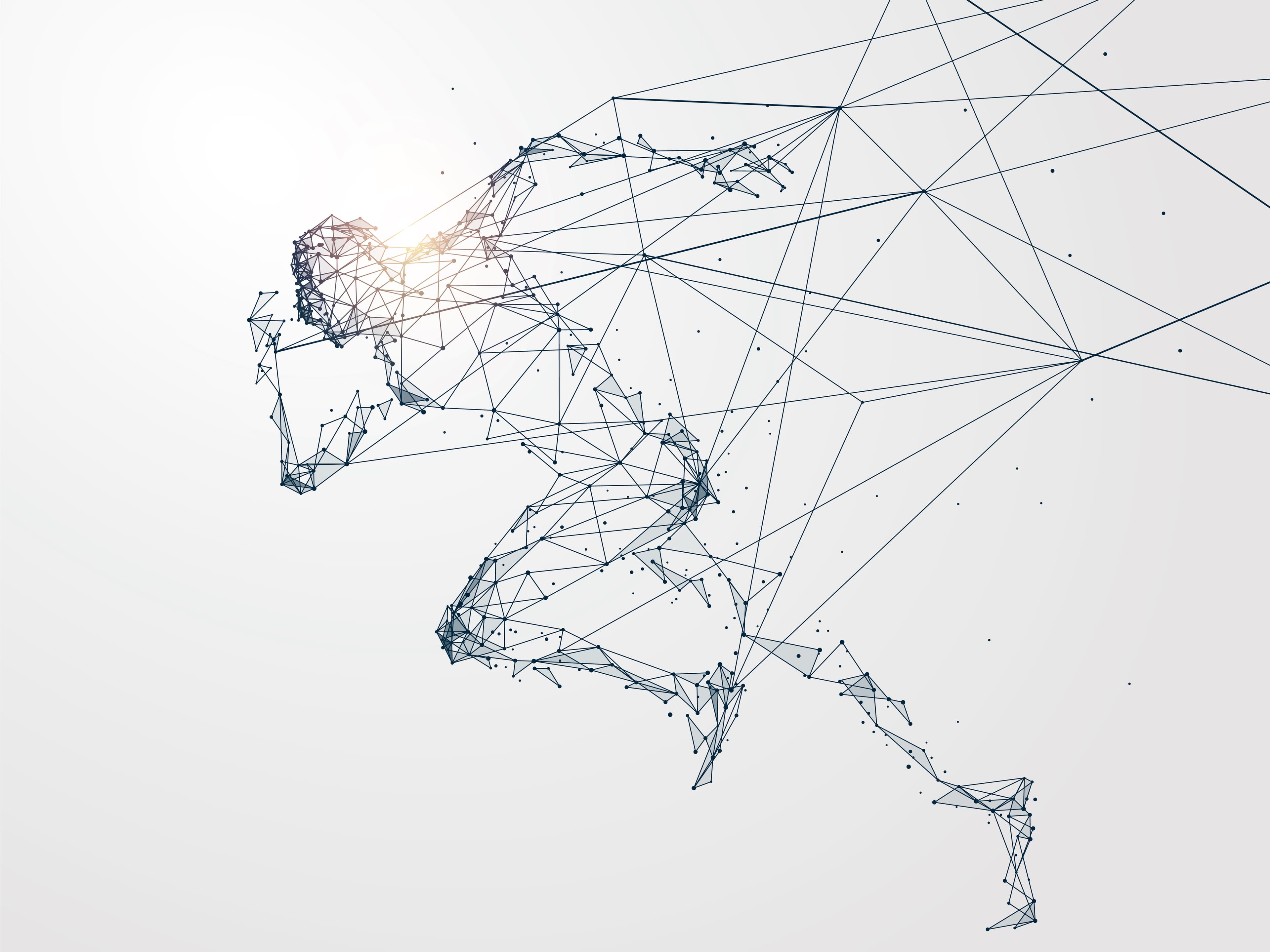 Abstract depiction of a running human figure formed by interconnected lines and dots, symbolising the dynamic nature of digital transformation on a light grey background.